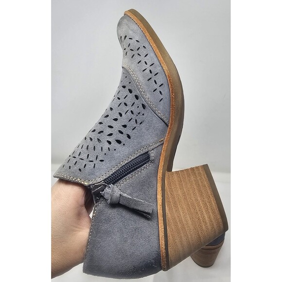 Sofft Amberly Laser-Cut Suede Ankle Booties Size 7.5 Stacked Block Heel Blue - Picture 5 of 15